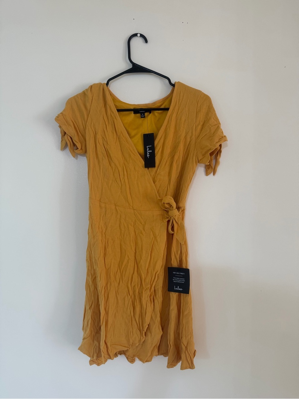 Lulu's Golden Mustard Wrap Mini Dress